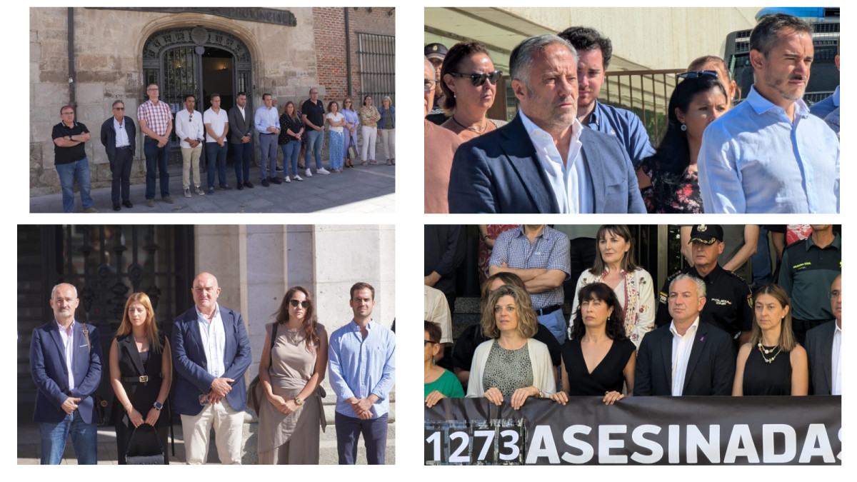 Imagen: Distintos minutos de silencio celebrados en Valladolid. Por orden de izquierda a derecha y de arriba a abajo: Dipuación, Cortes, Ayuntamiento y Delegación