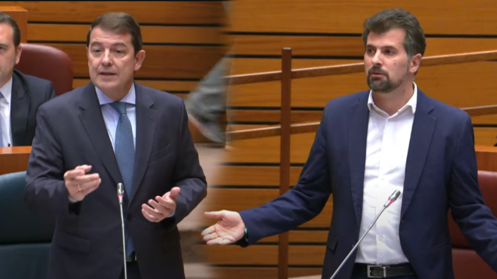 Imagen: Fragmento del pleno en ese "cara a cara" entre el presidente autonómico, Alfonso Fernández Mañueco; y el secretario general del PSOECyL, Luis Tudanca.