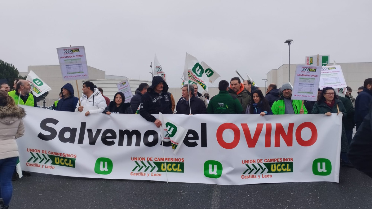 Imagen: esRadio Castilla y León. Ganaderos del sector ovino se concentran frente a la fábrica de Entrepinares en el polígono de Santovenia de Pisuerga.