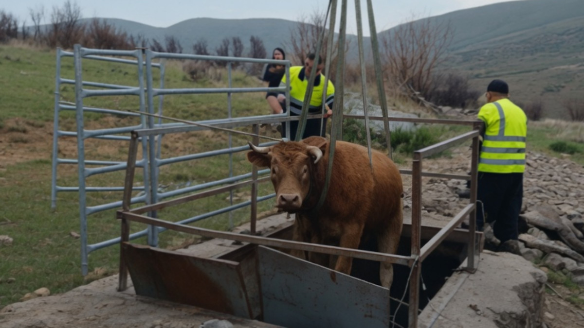 Imagen: Agentes de la Guardia Civil y Bomberos supervisando la extracción segura de un toro con grúa en el Canal de Moncalvo, Zamora.