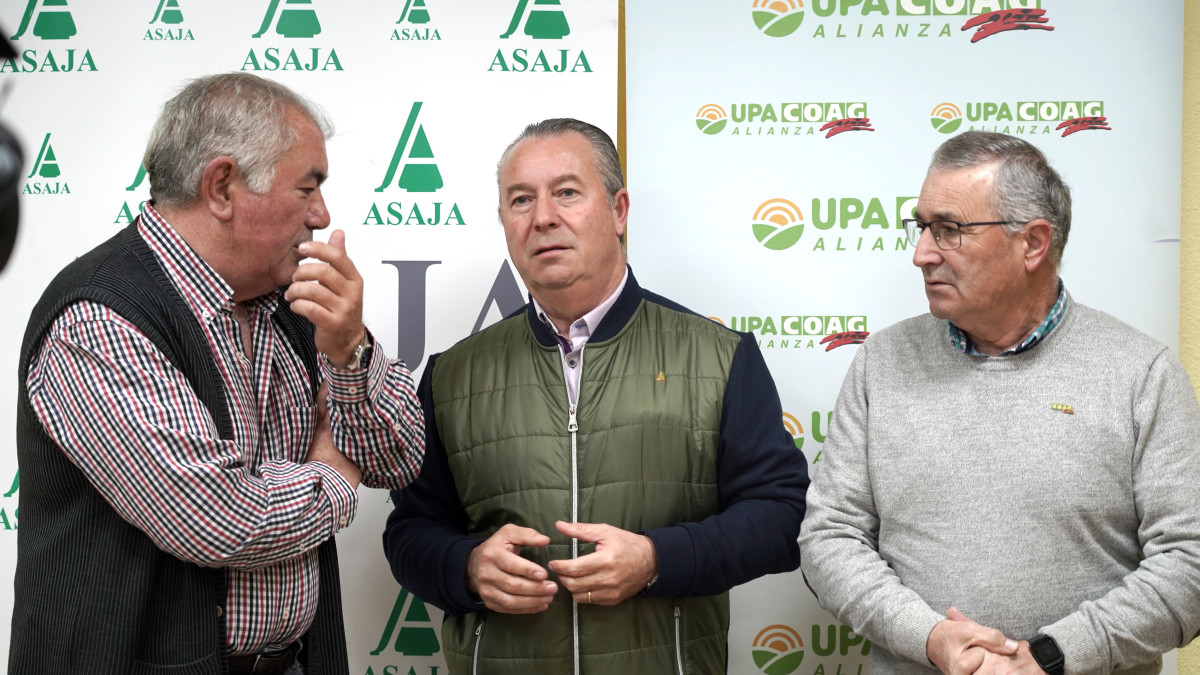 Imagen: ICAL. De izquierda a derecha: Aurelio González, presidente de UPA en Castilla y León, Donaciano Dujo, homólogo en ASAJA, y Lorenzo Rivera, coordinador de COAG en la comunidad. 