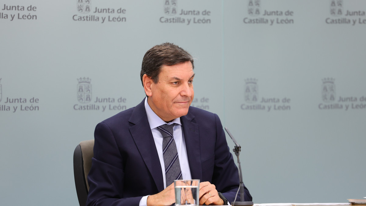 Imagen: Carlos Fernández Carriedo, portavoz de la Junta de Castilla y León, durante una rueda de prensa tras la retirada del proyecto de ley de violencia de género.