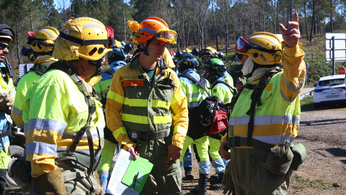 Imagen: Integrantes de los equipos de extinción y vehículos pesados trabajando en un cortafuegos durante el simulacro de incendio forestal en la zona de Robleda, Salamanca. JCyL