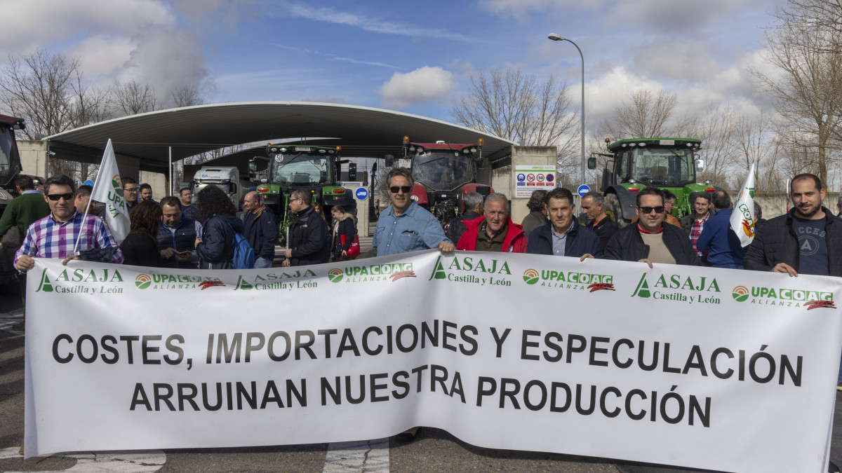 Imagen: ICAL. Manifestación cerealista organizada por ASAJA, UPA y COAG en una planta de Babilafuente, Salamanca.