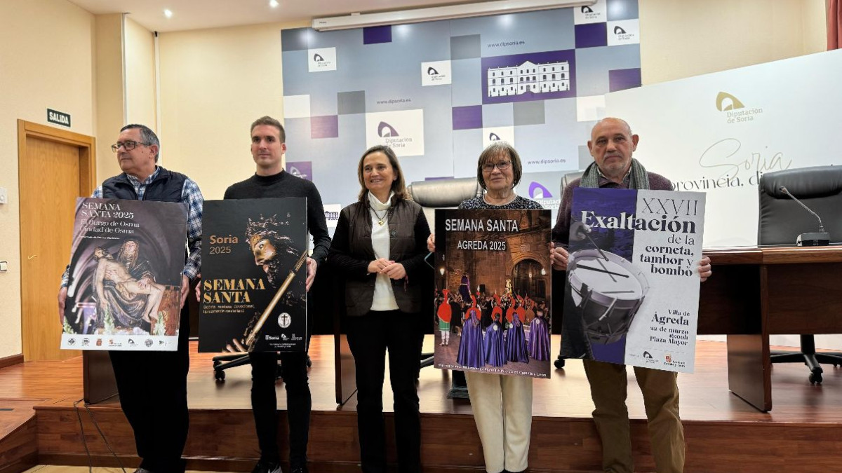 Imagen: Presentación de los carteles de la Semana Santa de Soria 2025, con las tres declaradas de Interés Turístico de Castilla y León. 