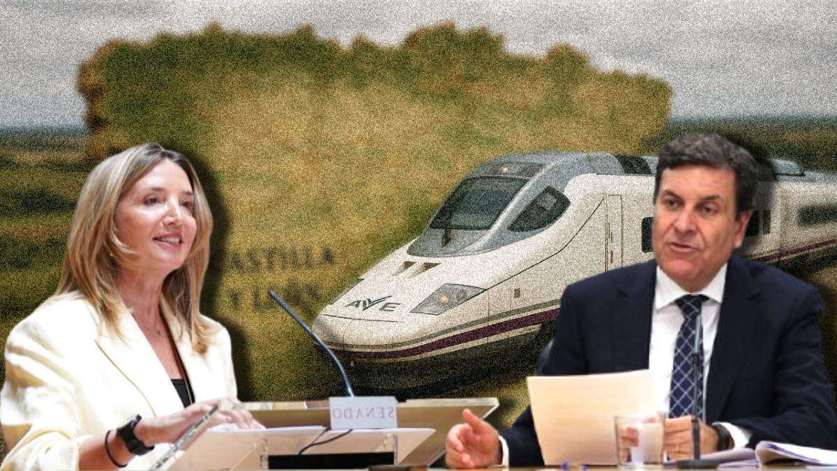 Imagen: La portavoz popular Alicia García durante su intervención en el Senado y Carlos Fernandeaz Carriedo, portavoz del gobierno autonómico, denunciando los recortes ferroviarios que afectan a Castilla y León