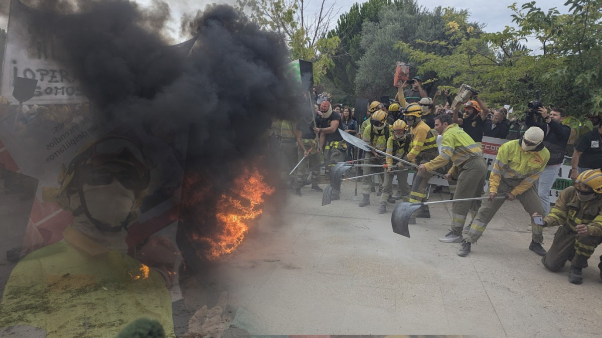 Imagen: esRadio CyL | Bomberos forestales con chalecos reflectantes y cascos amarillos protestan quemando paja y neumáticos ante las Cortes de Castilla y León en Valladolid.