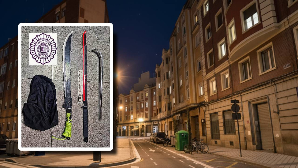 Imagen: Armas incautadas por la Policía Municipal de Valladolid tras la detención de dos menores implicados en una pelea violenta: machetes de hasta 68 cm, una barra de acero y un pasamontañas. Calle Nicolas Salmerón en Valladolid
