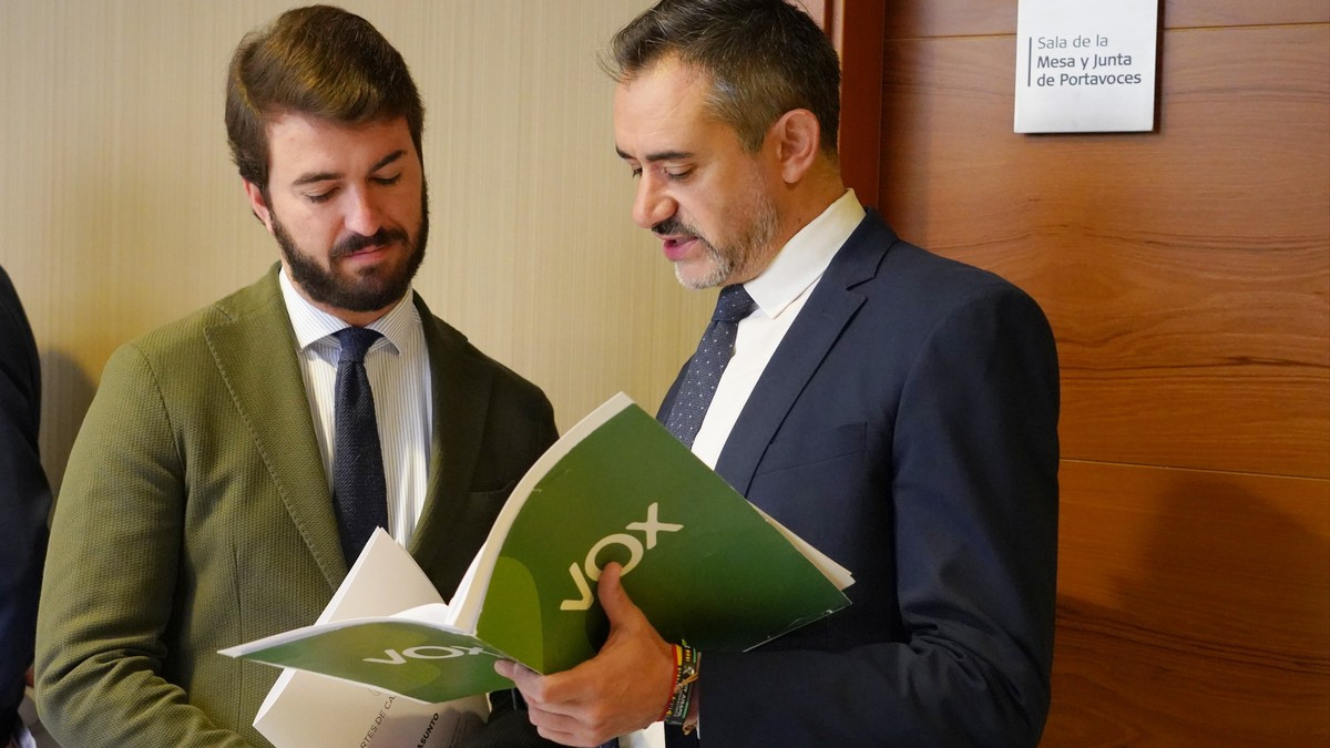 Imagen: ICAL. El portavoz de VOX en las cortes, Juan García-Gallardo, y el procurador verde, David Hierro, en la Junta de Portavoces de las Cortes donde se ha acordado votar la Ley de Concordia en el pleno.