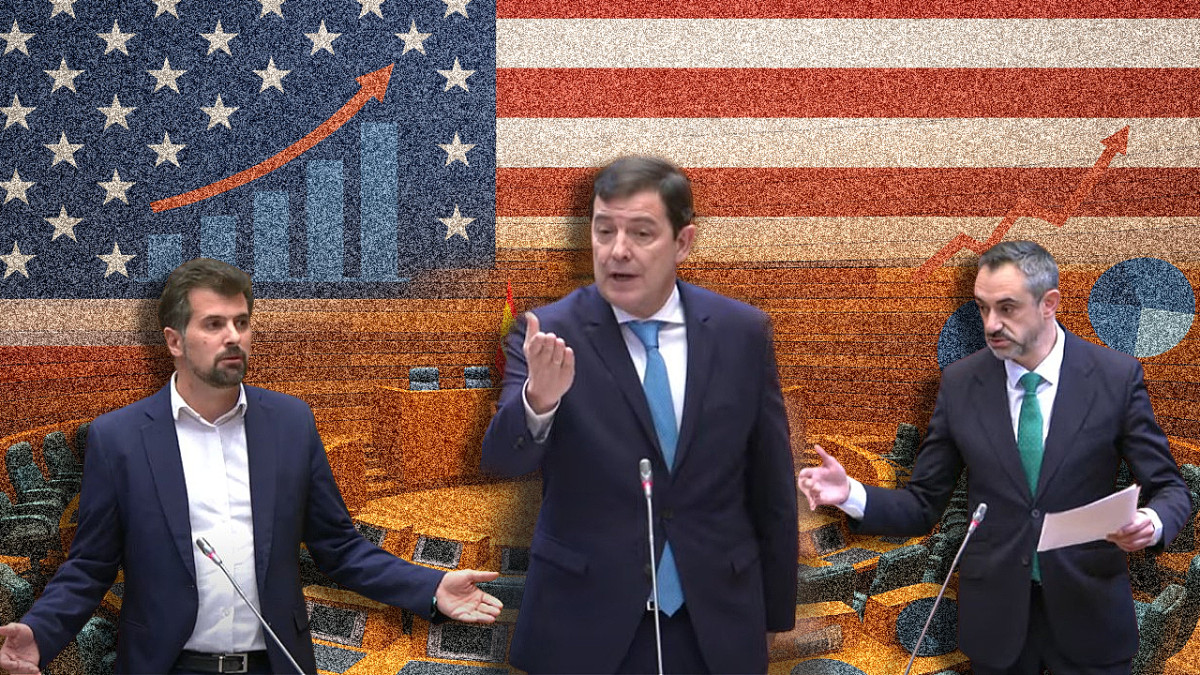 Imagen: El presidente de la Junta, Alfonso Fernández Mañueco, durante su intervención en las Cortes de Castilla y León en una sesión marcada por los enfrentamientos sobre los aranceles de Trump.