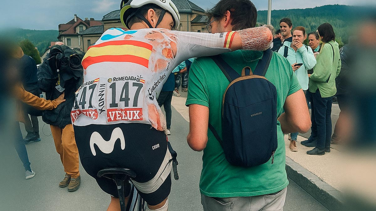 Imagen: Movistar Team. Dolorosa caída de Iván Romeo en la penúltima etapa del Tour de Francia 2024.