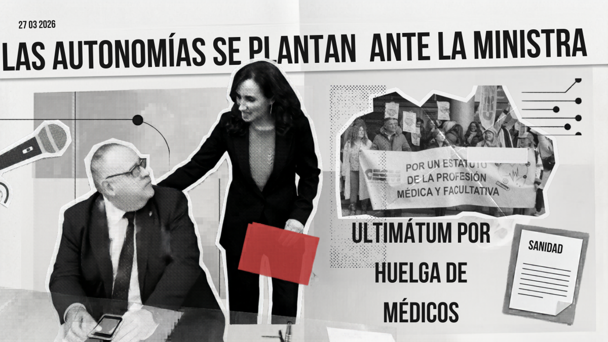 Imagen: Composición fotográfica: esRadio | Foto original: Juan Lázaro / ICAL . El consejero de Sanidad, Alejandro Vázquez Ramos, dialoga con la ministra de Sanidad Mónica García en al pleno del Consejo Interterritorial del Sistema Nacional de Salud.