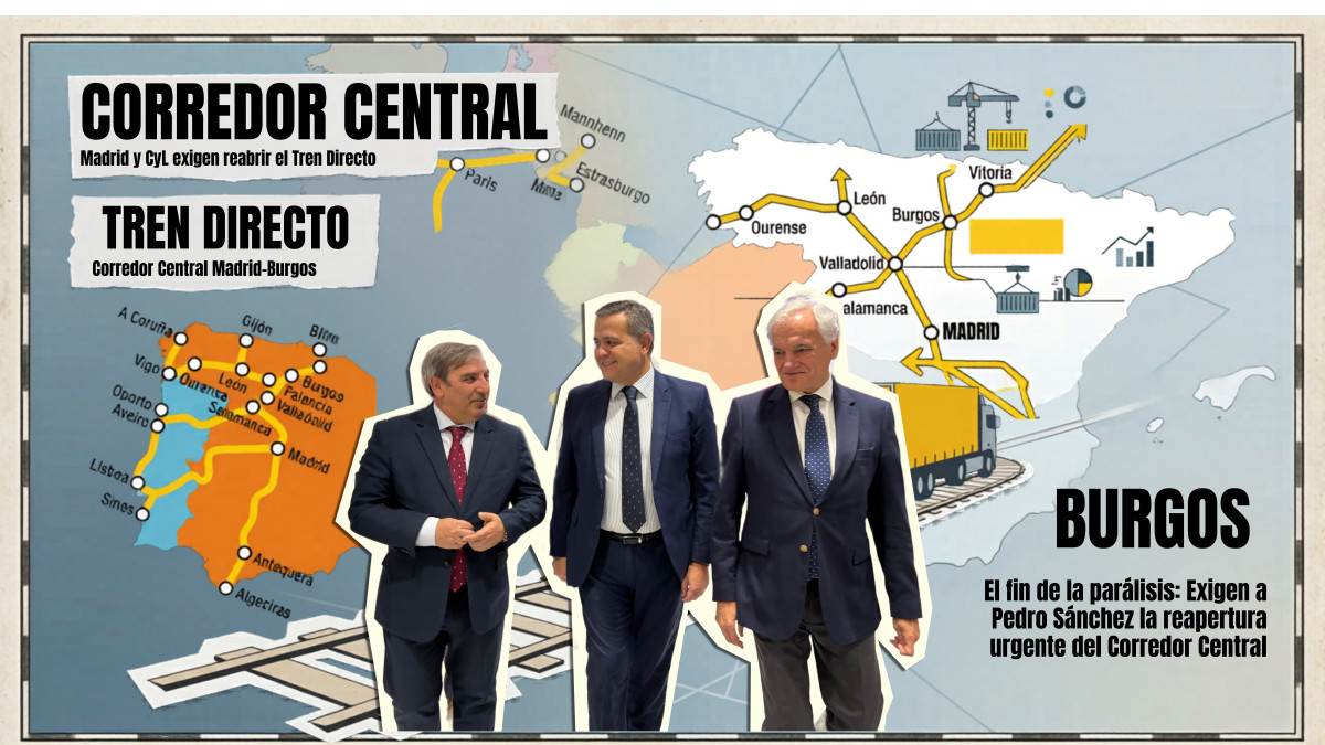 Imagen: El consejero en funciones de Movilidad y Transformación Digital, José Luis Sanz Merino, participa en la clausura de la jornada 'Corredor Central Madrid-Burgos: Una oportunidad para el incremento de la competitividad del transporte intermodal y del tejido empresarial' En la imagen junto al consejero de Vivienda, Transporte e Infraestructura de la Comunidad de Madrid Jorge Rodrigo.