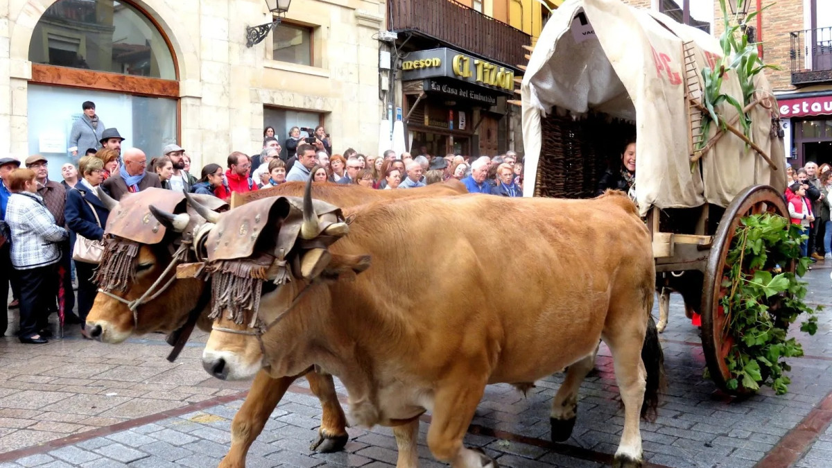 Imagen: Uno de los Carros engalanados participando en el desfile de la capital leonesa