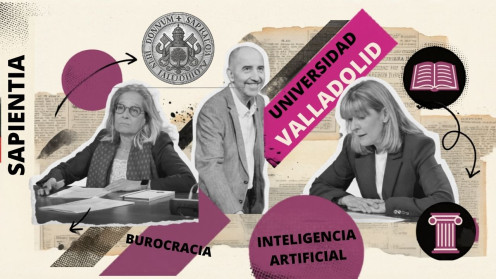 Los tres candidatos por orden, Pilar Garcés, Carlos Alberola y Carmen Camarero; al rectorado de la Universidad de Valladolid durante sus respectivas presentaciones en el Palacio de Santa Cruz.