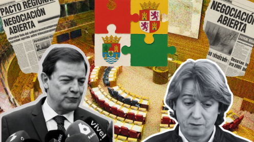 El presidente de la Junta de Castilla y León, Alfonso Fernández Mañueco; yel secretario general del PSCyL, Carlos Martínez durante una intervención pública sobre las negociaciones de gobierno.