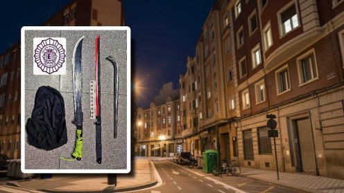 Armas incautadas por la Policía Municipal de Valladolid tras la detención de dos menores implicados en una pelea violenta: machetes de hasta 68 cm, una barra de acero y un pasamontañas. Calle Nicolas Salmerón en Valladolid