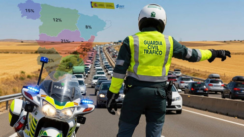 Un agente de la Agrupación de Tráfico de la Guardia Civil supervisa la circulación en una autovía de Castilla y León durante una operación salida de verano | Imagen algorítmica