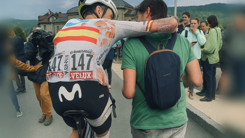 Movistar Team. Dolorosa caída de Iván Romeo en la penúltima etapa del Tour de Francia 2024.