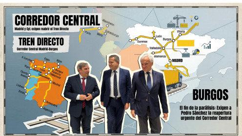 El consejero en funciones de Movilidad y Transformación Digital, José Luis Sanz Merino, participa en la clausura de la jornada 'Corredor Central Madrid-Burgos: Una oportunidad para el incremento de la competitividad del transporte intermodal y del tejido empresarial' En la imagen junto al consejero de Vivienda, Transporte e Infraestructura de la Comunidad de Madrid Jorge Rodrigo.