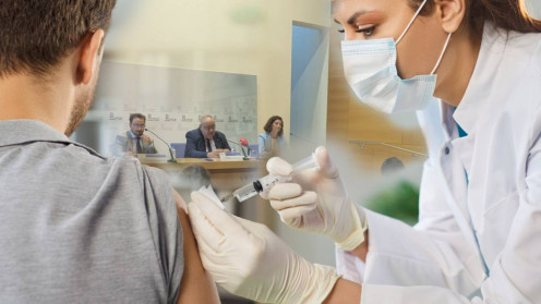 Profesionales sanitarios preparando dosis de vacunas y el consejero de Sanidad y Bienestar Social, Alejandro Vázquez Ramos, presenta la campaña de vacunación de la gripe, la COVID-19 y el VRS.