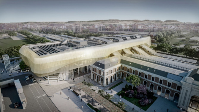 Render de la futura estación de tren de Valladolid, mostrando su diseño moderno y accesible.
