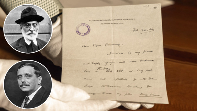  Carta manuscrita de H.G. Wells dirigida a Miguel de Unamuno| Foto ICAL - Susana Martín.. Arriba Unamuno, abajo Wells.