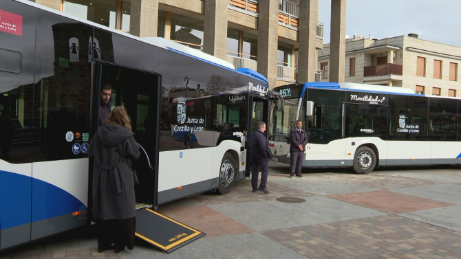 Dos de los nuevos autobuses que cubrirán la línea entre Salamanca y Carbajosa de la Sagrada