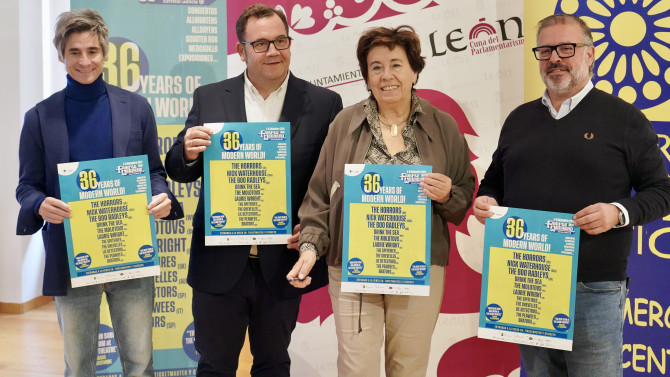 ICAL / La concejala de Acción y Promoción Cultural del Ayuntamiento de León, Elena Aguado, presenta el Purple Weekend junto con el presidente Centro León Gótico, Juan Dopico, el director del festival, Miguel Borraz, y Héctor César Lendoiro, de Más Galicia