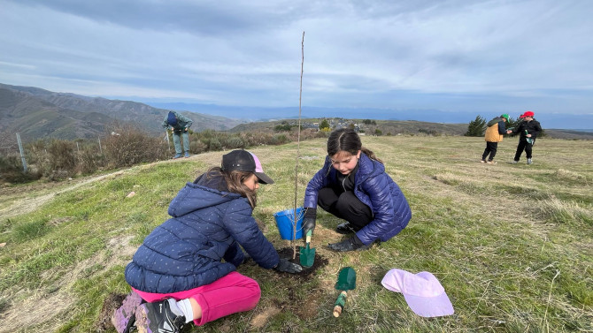 Plantación de árboles por parte de alumnos de un colegio en San Cristóbal de Valdueza