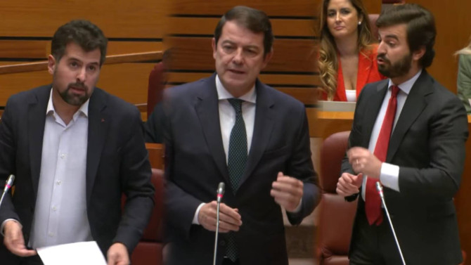 Luis Tundaca, Alfonso Fernández Mañueco y Juan Garcia Gallardo durante su intervención en el pleno de las Cortes de Castilla y León