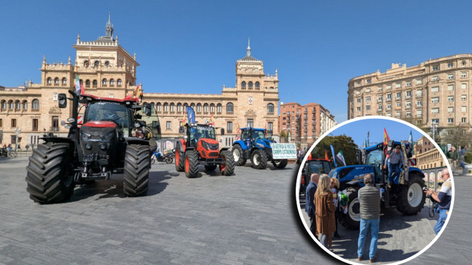 Tractores estacionados en Valladolid junto a agricultores extremeños y representantes de Asaja Valladolid y del gobierno municipal , en su ruta reivindicativa hacia Bruselas.